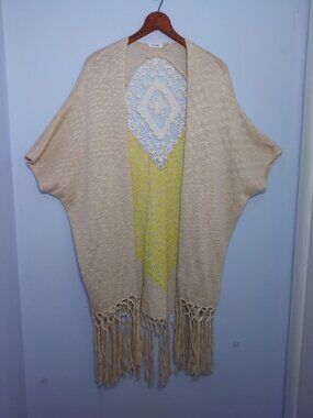 Boho Fringe Kimono Duster Sweater Beige Yellow Open Front Crochet Beach Medium